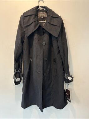 Badgley Mischka Black Wool Trench Coat with Wide Collar